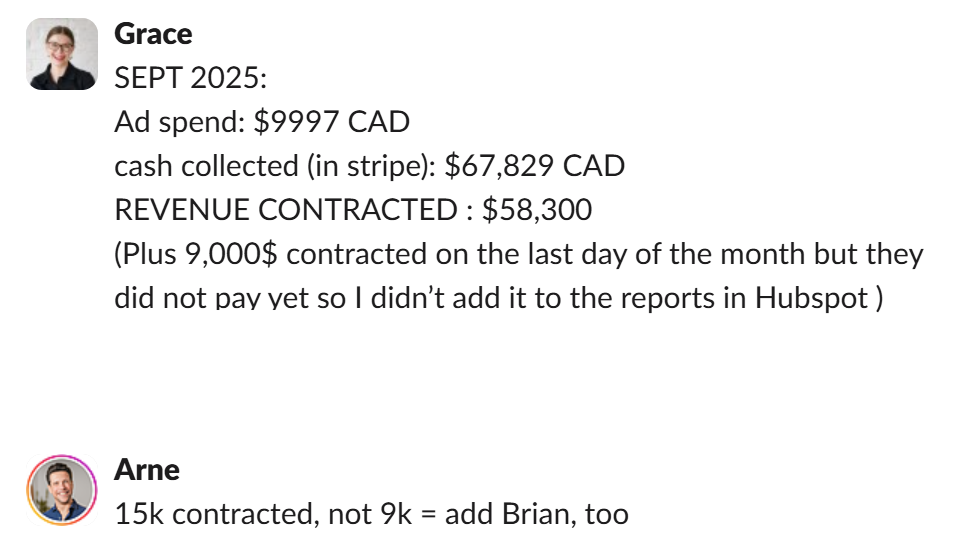 Arne W. September ad spend and cash collected