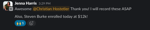 Jenna message: Steven Burke enrolled today at 12k
