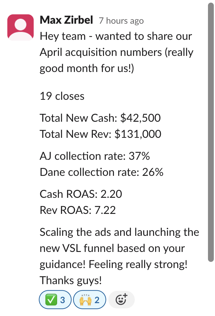 Maxwell Z. April numbers: 19 closes, $131,000 new revenue, 7.22 rev ROAS