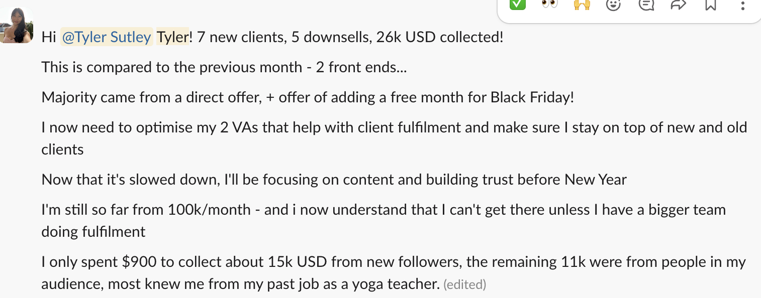 Swee M. message: 7 new clients, 5 downsells, 26k USD collected, only $900 spent to collect about 15k from new followers